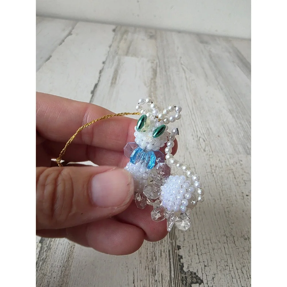 Vintage beaded cat mouse ornament mini pearls Xmas tree mouse